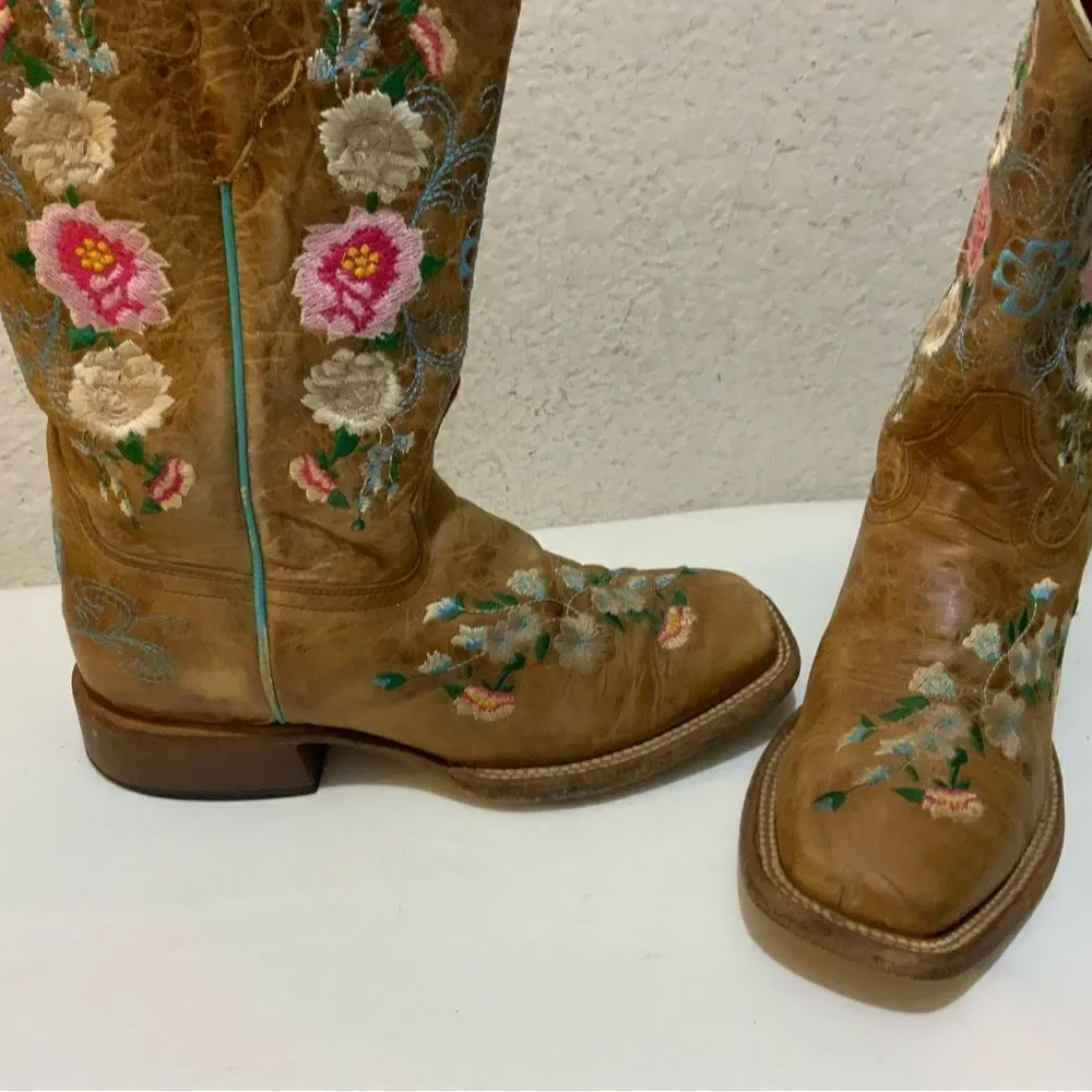 Macie Bean Boots Girls SZ 3 Floral Rose Garden Cowgirl Brown Leather